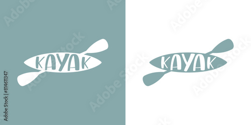 Logo club de deportes acuáticos. Palabra kayak en silueta de kayak o canoa con remos cruzados 