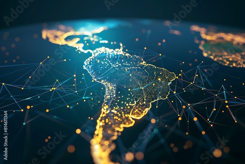 Abstract digital map of South America, concept of global network and connectivity, data world transfer and cyber technology, information exchange and telecommunication