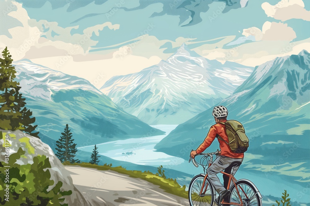 Fototapeta premium Digital drawing of a person biking along a picturesque mountain landscape