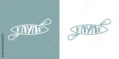 Logo club de deportes acuáticos. Palabra kayak en silueta de kayak o canoa lineal con remos cruzados 