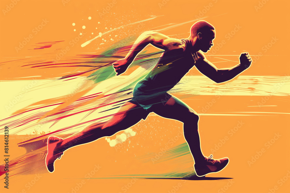 Artistic illustration of a determined runner in mid-sprint, depicting speed and agility
