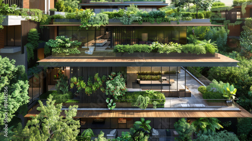 A building with a green roof and a balcony with plants photo
