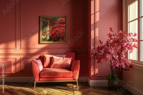 Pink and red armchair in warm living room interior with pillows on settee against the wall with poster 