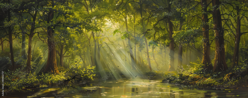 A forest scene showcases a sunshine beam and dark trees, creating romantic riverscapes with light green and bronze hues and faith-inspired art. A forest scene showcases a sunshine beam and dark trees, creating romantic riverscapes with light green and bronze hues and faith-inspired art.