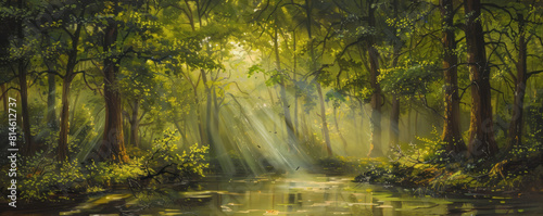 A forest scene showcases a sunshine beam and dark trees, creating romantic riverscapes with light green and bronze hues and faith-inspired art.
