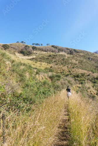 Tourist hiking on trail near the coastline of the Tyrrhenian Sea on a sunny day at Calabria, Italy