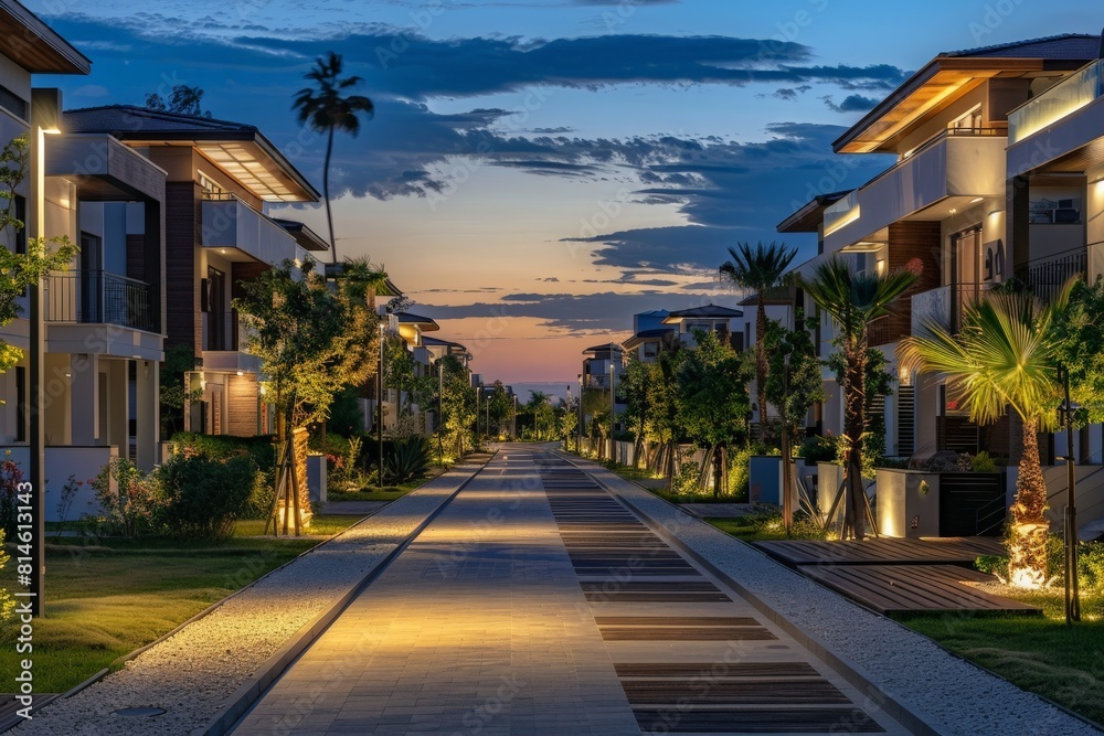 Residential District With Luxury Villas And Walking Path At Night 