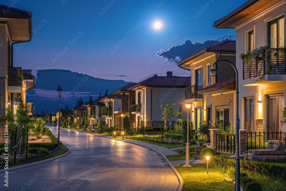 Residential District With Luxury Villas And Walking Path At Night Residential District With Luxury Villas And Walking Path At Night
