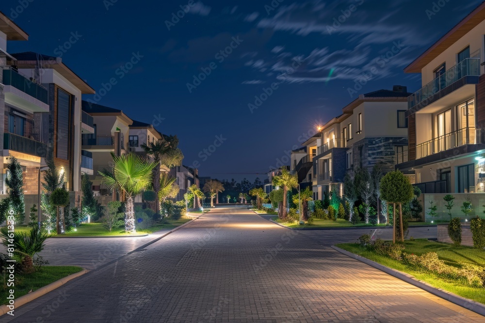 Residential District With Luxury Villas And Walking Path At Night Residential District With Luxury Villas And Walking Path At Night