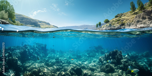 Split underwater view with sunny sky and seren. AI-Generated Image © HabibStock