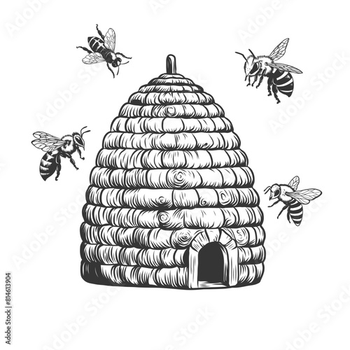 Wooden beehive and flying bees. Hand drawn vector engraving isolated on white background for beekeeping, honey production. Woodcut, etching