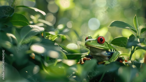 Charming portrayal of a red-eyed frog in its natural habitat, with a bokeh background adding depth and texture to the lush green foliage surrounding the adorable amphibian. 