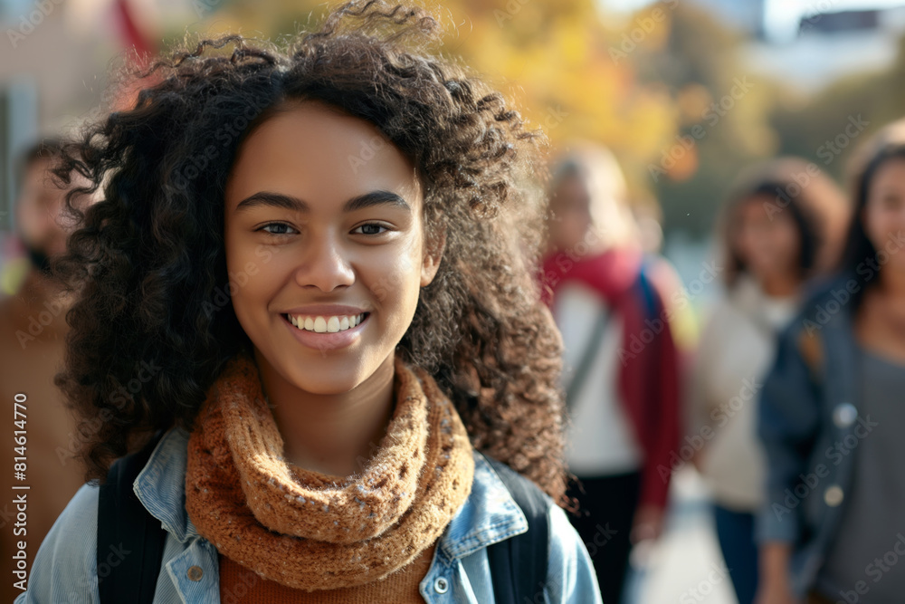 Bright and cheerful young woman with curly hair smiles at the camera, perfectly capturing a moment of youthful happiness against a backdrop of blurred peers in an autumn setting Bright and cheerful young woman with curly hair smiles at the camera, perfectly capturing a moment of youthful happiness against a backdrop of blurred peers in an autumn setting