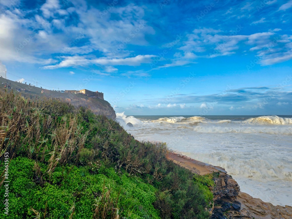 an ocean shore with grass and waves coming in the distance an ocean shore with grass and waves coming in the distance