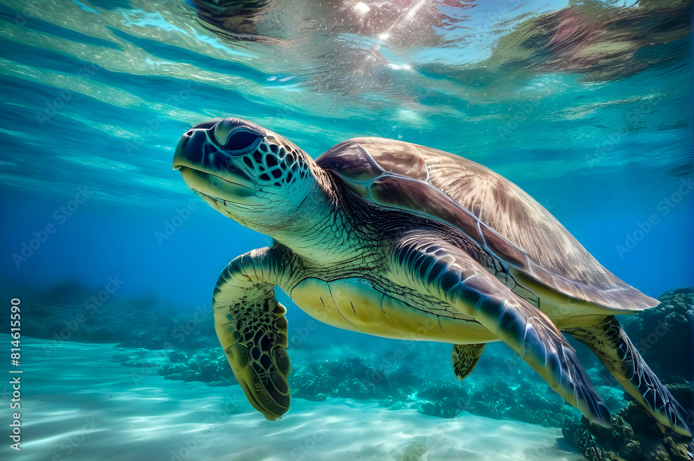 Green Sea Turtle Swimming Gracefully in a Coral Reef Oasis -  Endangered Marine Life in Vibrant Underwater Habitat