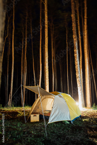 Resting peacefully in a tent at night, surrounded by pine forest trees in Chiang Mai, Thailand, enjoying solitude and relaxation on a mattress outdoors in winter. © Akira Kaelyn