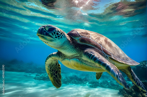 Green Sea Turtle Swimming Gracefully in a Coral Reef Oasis - Endangered Marine Life in Vibrant Underwater Habitat