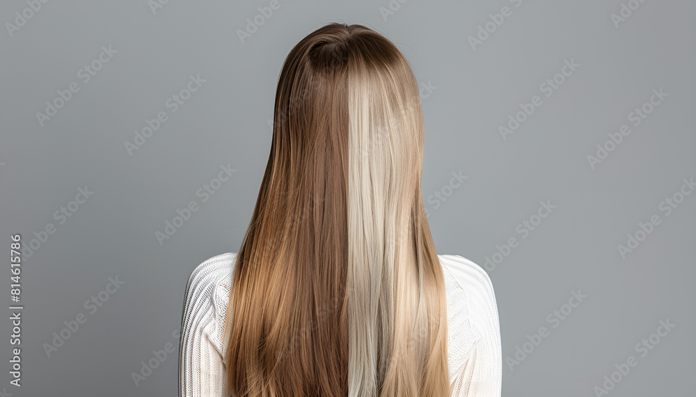 Naklejka premium Photo of woman divided into halves before and after hair treatment on grey background, back view