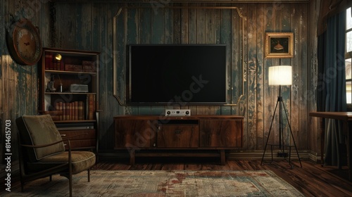 TV wall mounted in dark vintage room.3d rendering