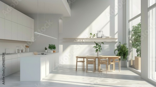 A mockup of an interior of a modern home kitchen with an eating and dining area