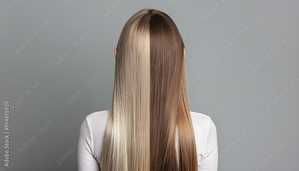 Photo of woman divided into halves before and after hair treatment on grey background, back view Photo of woman divided into halves before and after hair treatment on grey background, back view