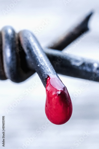 Drop of blood on barbed wire as symbol of violence, totalitarian regime, dictatorship, total controls the peoples. Selective focus. Vertical image.