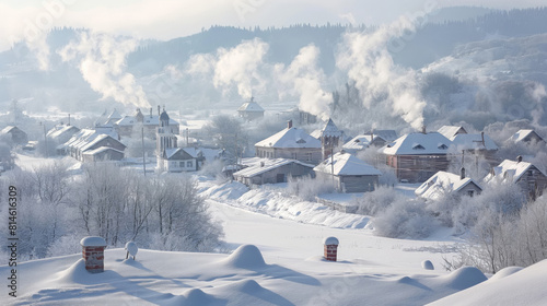 Tranquil winter scene of a picturesque village enveloped in fresh snow, with smoke rising gently from chimneys
