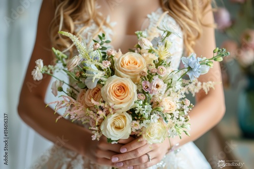 A woman is holding a bouquet of flowers in her hands