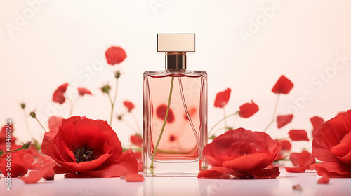 Petit flacon de parfum entouré de plantes et fleurs de coquelicots rouges. Arrière-plan blanc, rouge. Ombre et lumière. Nature, beauté, cosmétique, soin. Fond pour conception et création graphique.