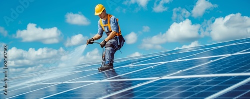 A technician in a safety helmet and vest installs or maintains solar panels on a sunny day with a bright blue sky.