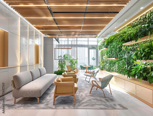A modern office space with a green wall and wooden furniture