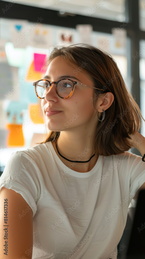 A woman wearing glasses and a black necklace is sitting in a chair A woman wearing glasses and a black necklace is sitting in a chair