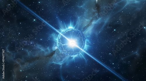 Pulsar star in space. Space visualization. Pulsar type, ray of blue star in galaxy, universe, sky. Astronomical illustration

