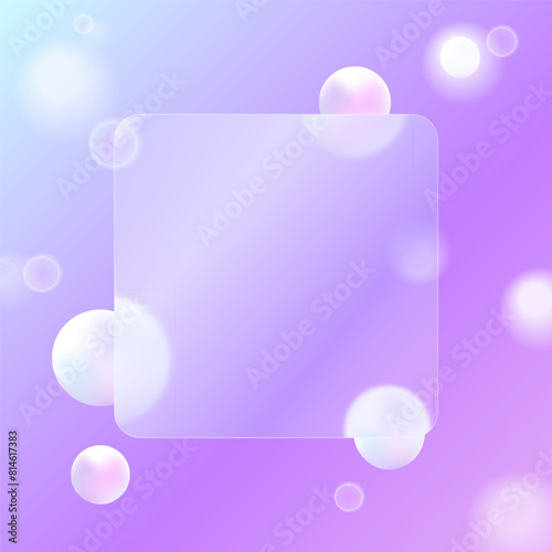 Glassmorphism frame with blur effect on a gradient blue background with blur effect vector illustration. Transparent glass plates with round balls. Website landing page, presentation design, icon