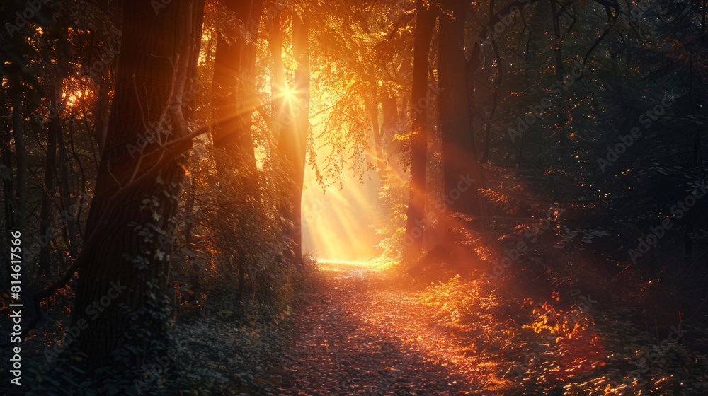Sunlit forest path with golden leaves and rays of light