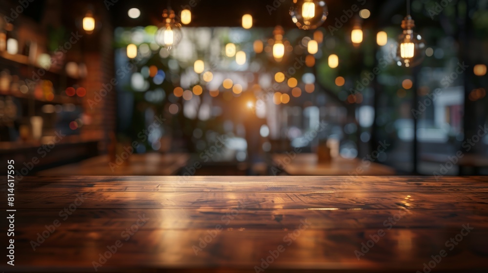 Wood table top on blurred of counter cafe shop with light bulb. Background for montage product display or design key visual layout 