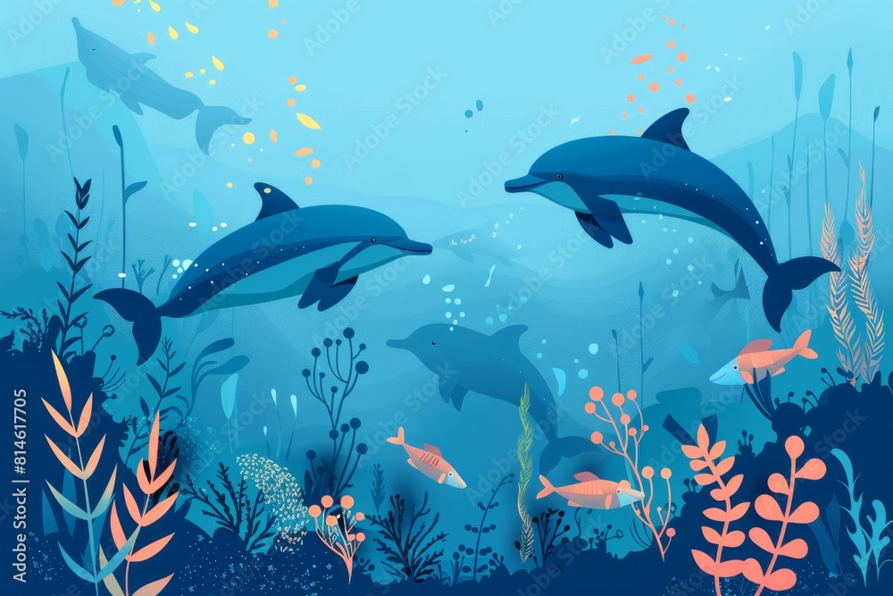 Obraz premium イルカ、魚、海藻の水中背景