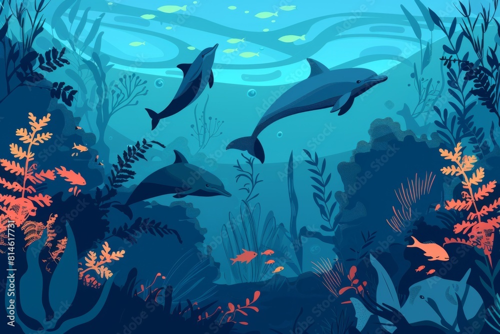 Obraz premium イルカ、魚、海藻の水中背景