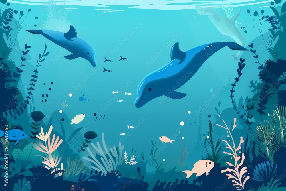 Fototapeta premium イルカ、魚、海藻の水中背景
