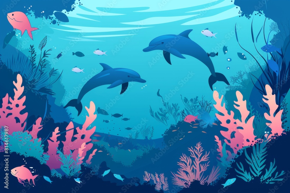 Obraz premium イルカ、魚、海藻の水中背景