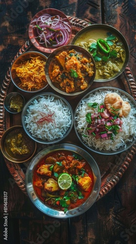 Several bowls of food are arranged on a tray on a table. Indian fiid . Vertical background  photo