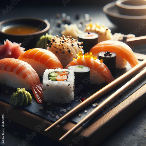 portata di sushi con bacchette in bamboo su sfondo scuro e luce naturale still life fotografico photo