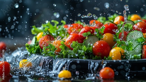 A water splash of vegetables including tomatoes, cucumbers, and lettuce