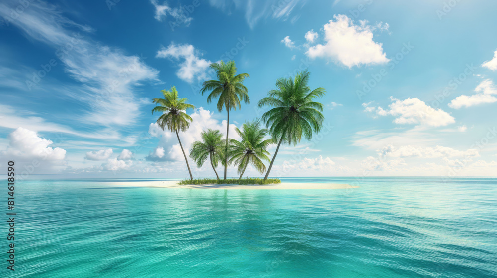 Tranquil scene of a small, palm-covered island surrounded by turquoise ocean waters under a clear blue sky