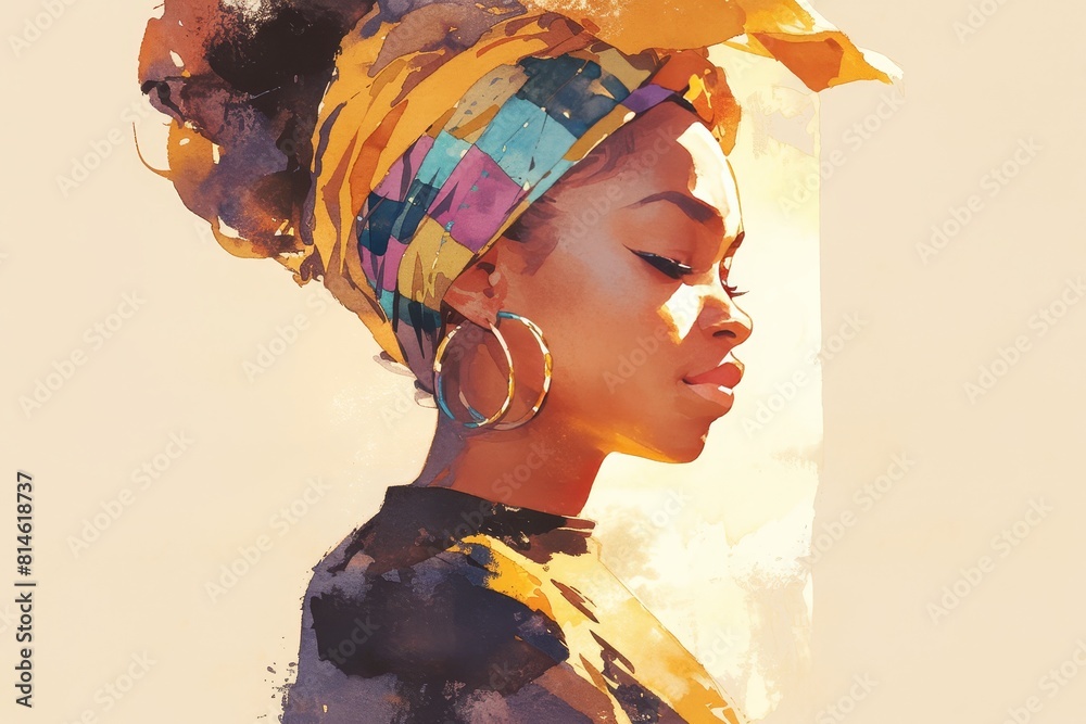 A beautiful black woman wearing an orange, purple and blue head scarf