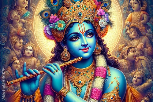 blue and gold picture of a man holding a flute