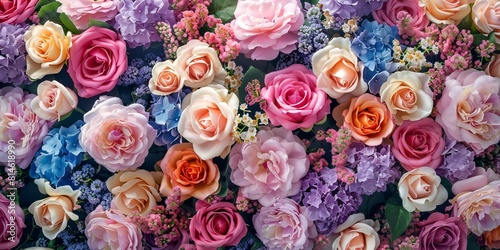 Floral Wallpaper with Multicolored Flowers. Vibrant Summer Background with Lilac Roses. © Sanych