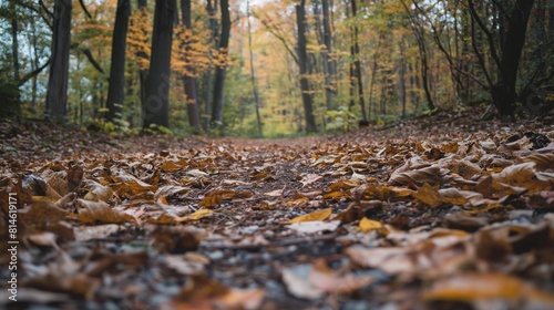 Low angle view of a serene forest pathway surrounded by fallen leaves and autumnal trees