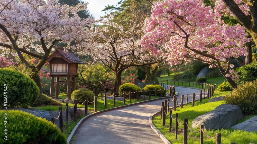 Picturesque cherry blossoms in full bloom line a tranquil garden path at golden hour Picturesque cherry blossoms in full bloom line a tranquil garden path at golden hour