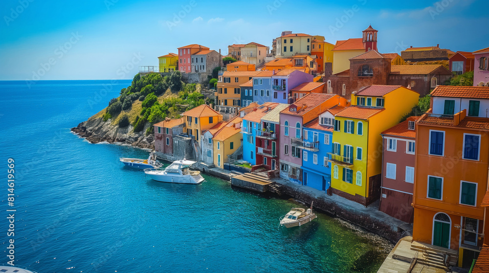 Obraz premium Aerial view of a charming seaside village with colorful houses along the coastline under a clear blue sky